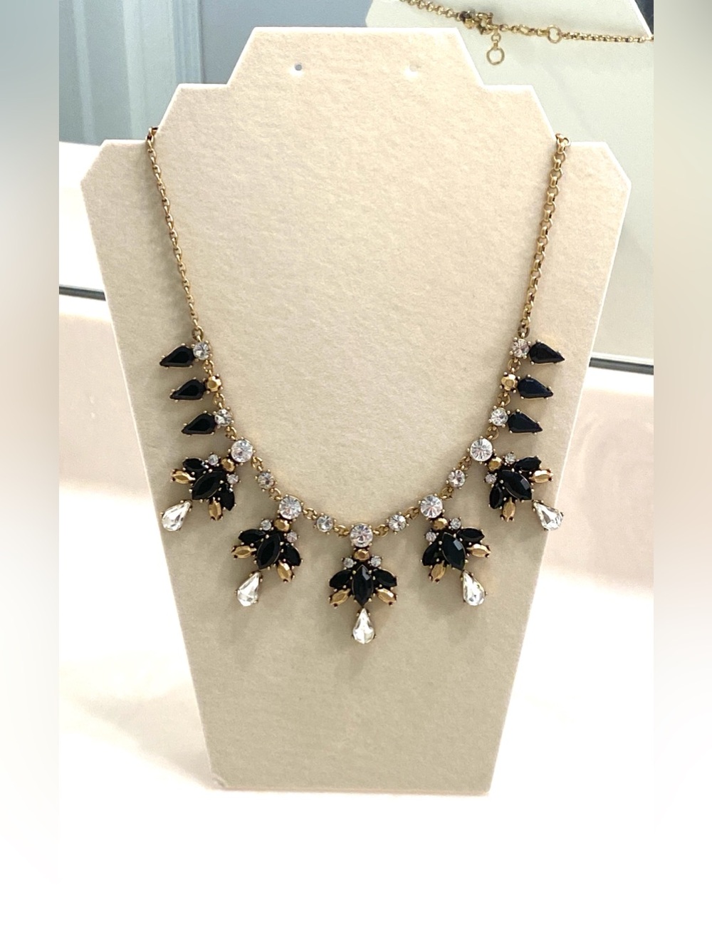 J. Crew Black Crystal Clear Rhinestone Marquise Drop Fringe Bib Necklace 